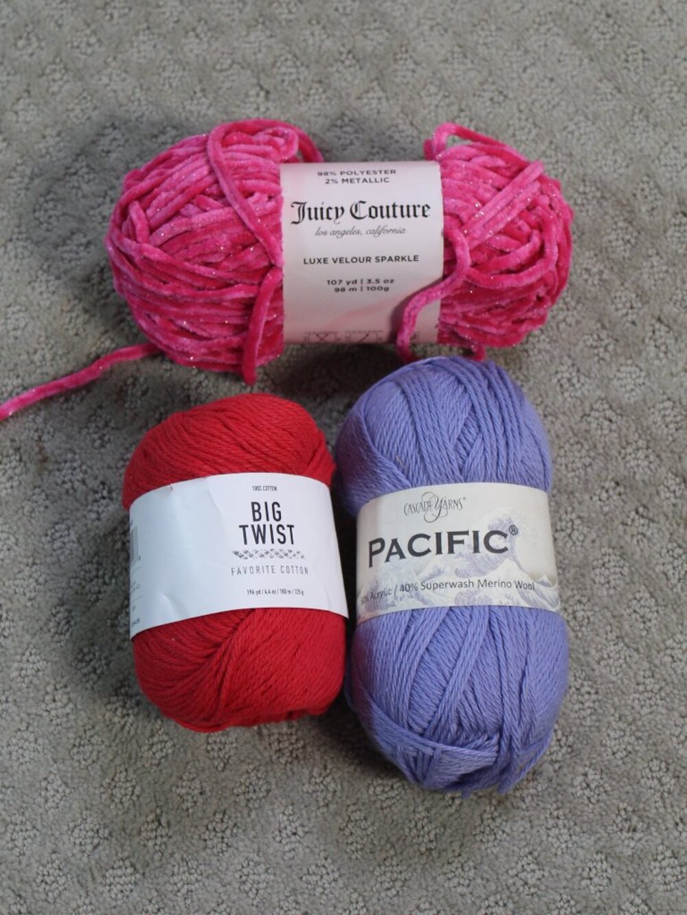 Lot of 3 Yarn Skeins Mixed Brands & Materials Pink, Purple, Red